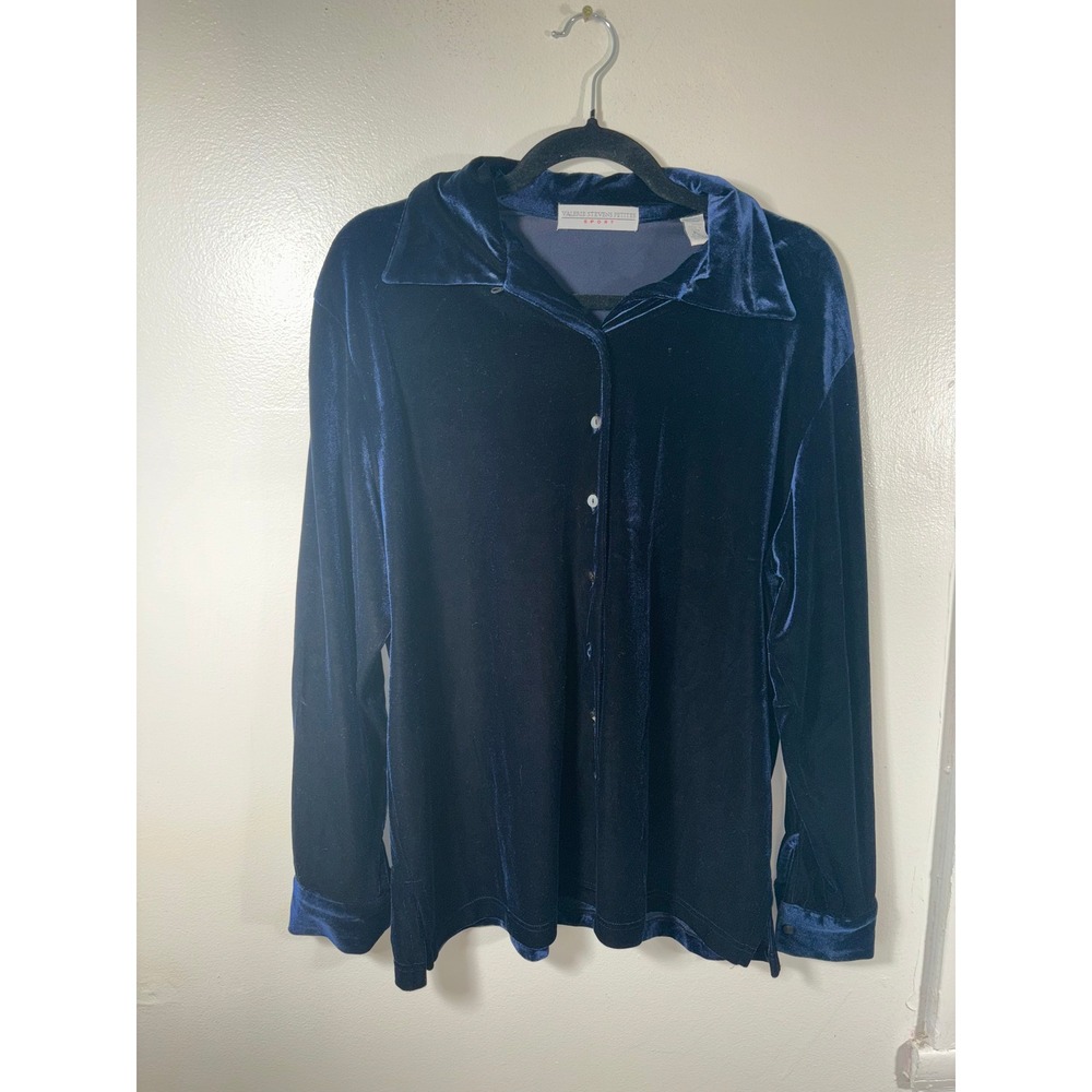 Valerie Stevens Velvet Shirt Womens Sz PL Navy Blue Button Down Long Sleeve Top‎